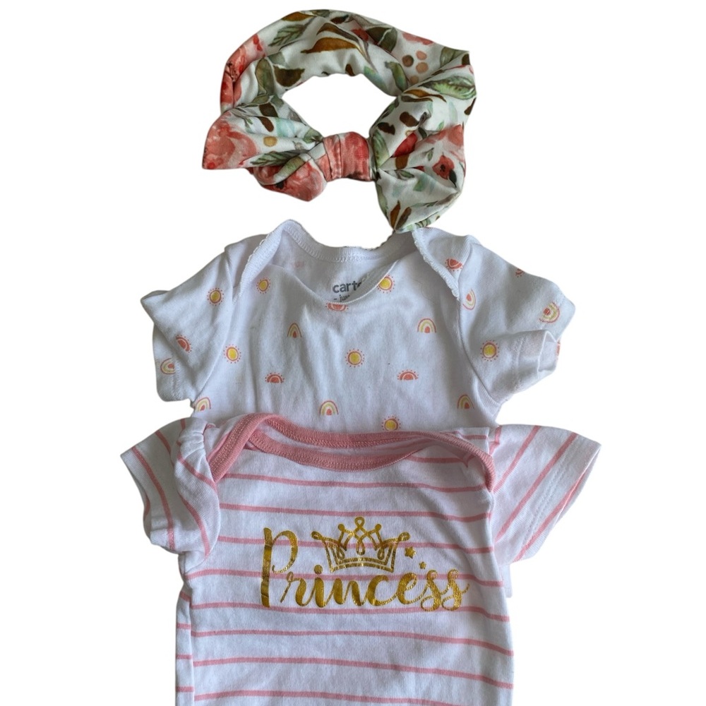 2-Pack Baby Girl Onesies + Floral Headband | Size 3–6 Months